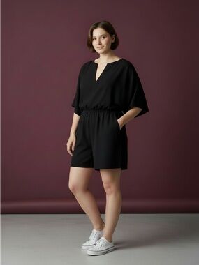 WHITE BIRCH Black V-Neck ROMPER with Pockets
